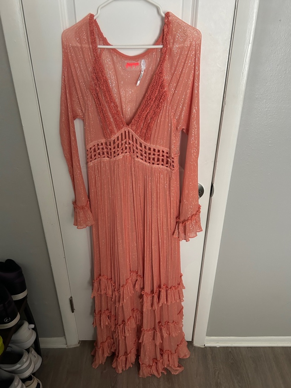 Free People Seraphina V-Neck Ruffle Maxi Dress Peach